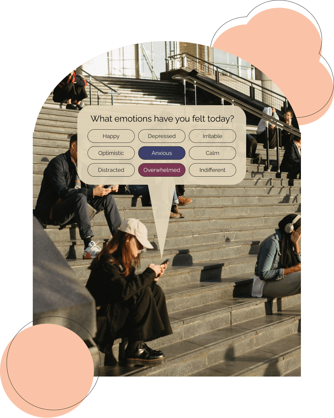 girl looking at a phone and a text bubble showing emotions